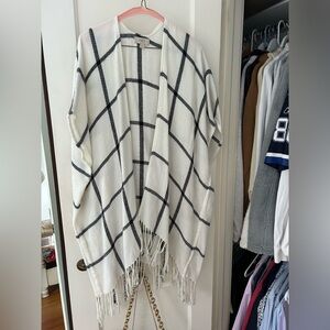 LOFT Cream and Black Checkered Poncho Shawl One Size